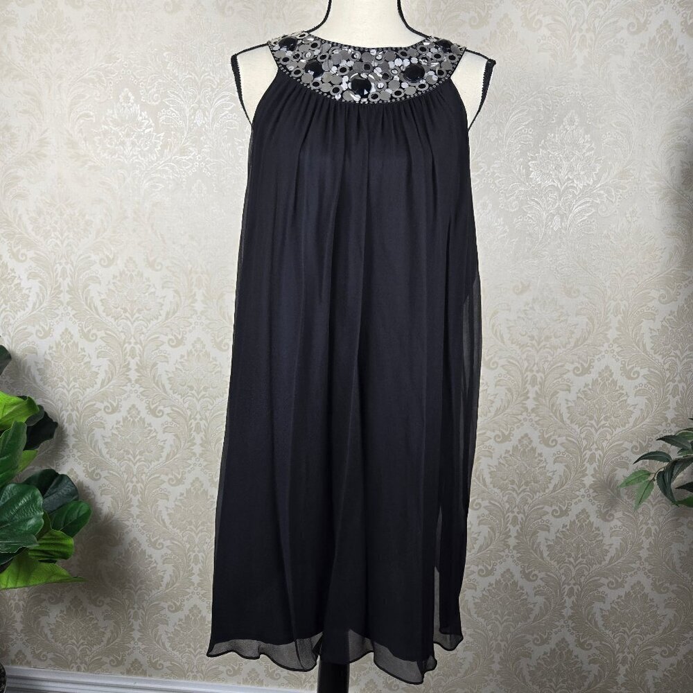 Maggy London Size 12 Black Sleeveless Dress 100% Silk Silver Sequin Neck NWT